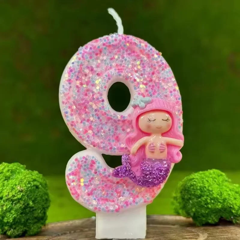Sanrio Handmade DIY1pc Number 0-9 Pink cartoon mermaid Digital Candles with Sequins Suitable for Birthday Party Cake Decoration