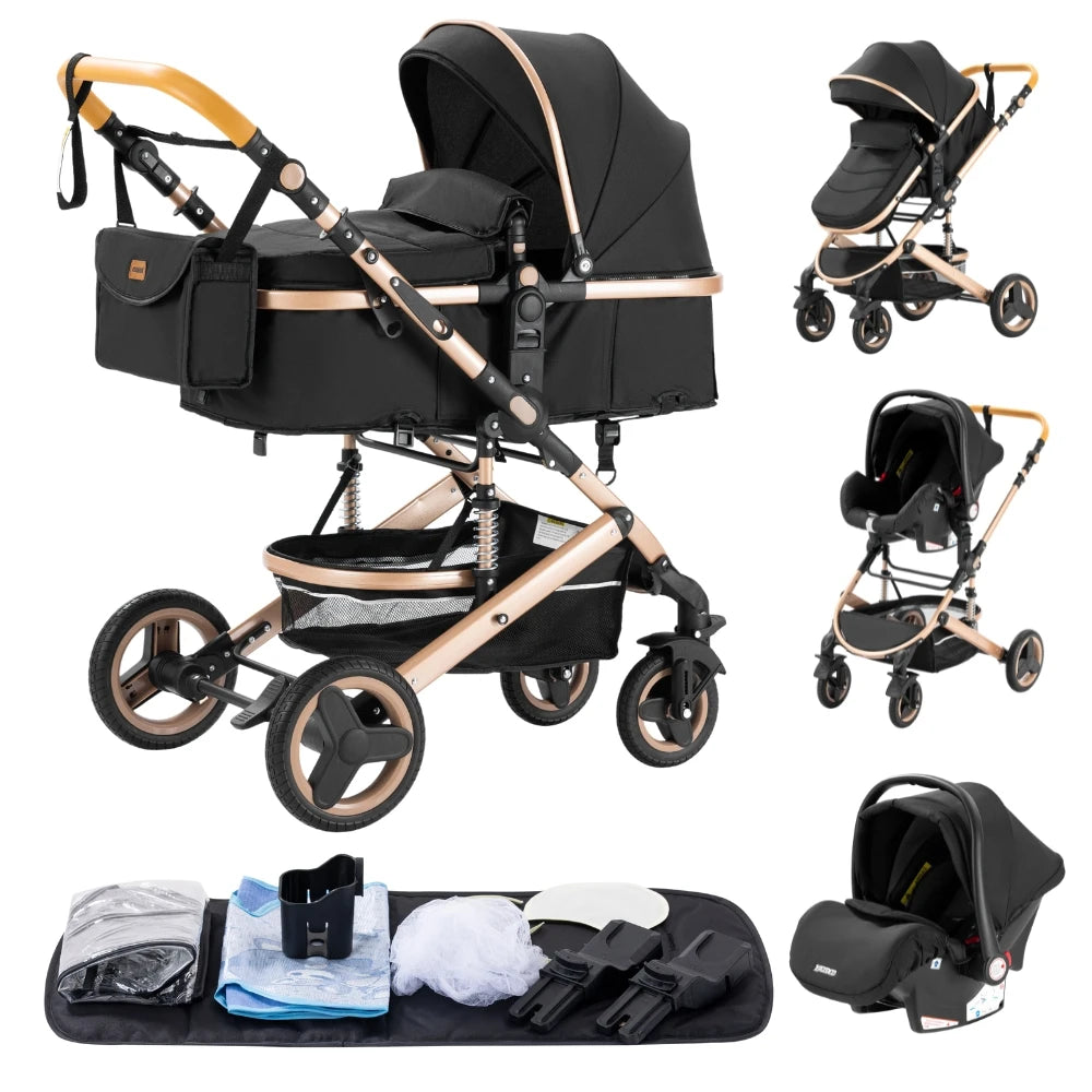 Luxurious 3 in 1 Baby Stroller Portable Travel Baby Carriage Folding Prams Aluminum Frame High Landscape Car for Newborn Baby BLACK
