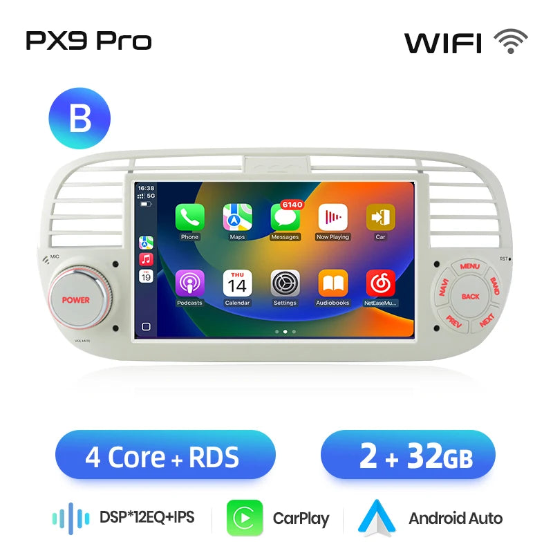 AWESAFE Wireless CarPlay for Apple Android 13 Auto Radio for FIAT 500 Abarth 2007 2008 2009-2015 Multimedia Screen Stereo GPS