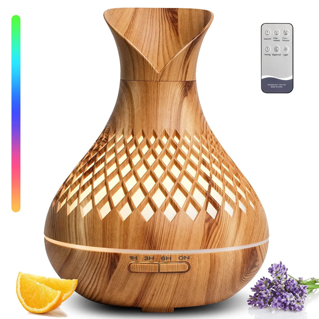 500ml Wood Grain Humidifier with Flowers, Quiet Aromatherapy Diffuser, USB Rechargeable Mini Humidifier with Colorful Night Ligh