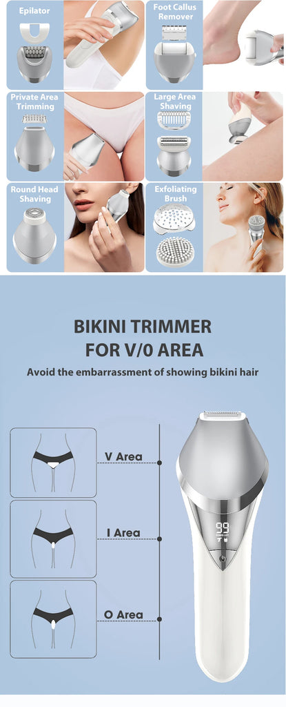 7in1 Electric Razor Bikini Line Trimmer Facial Massager Foot Callus Remover Body Hair Removal for Women Men Waterproof Epilator