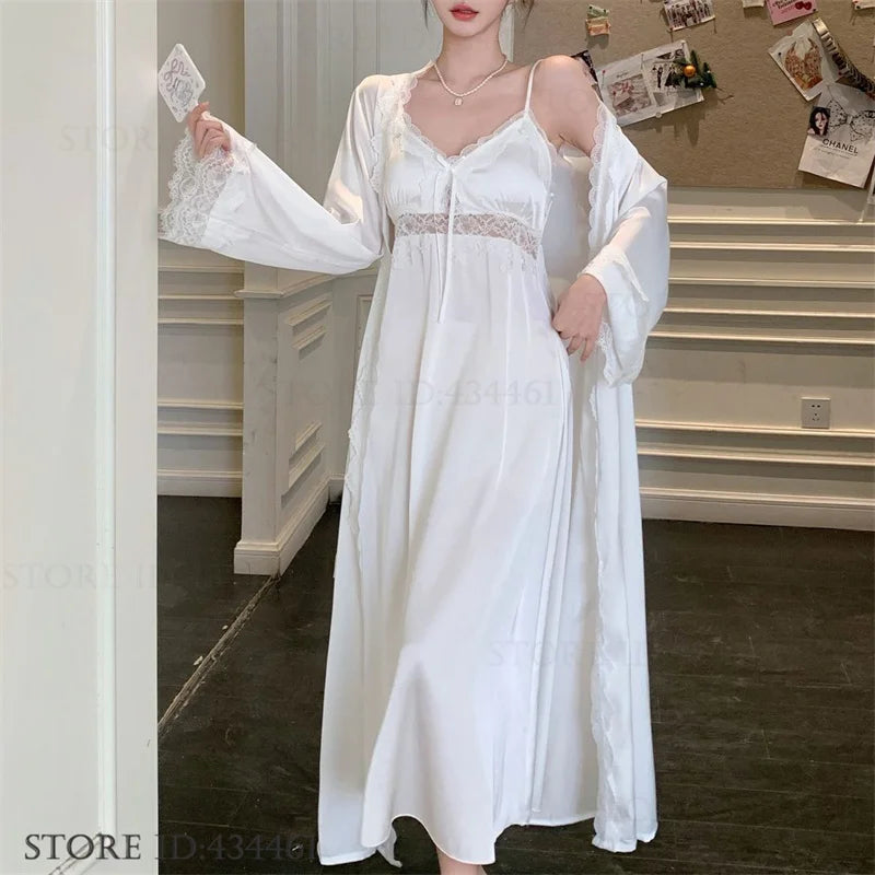 Women Long Twinset Robe Set Sexy Lace Trim Wedding Bathrobe Kimono Gown Sleepwear Elegant Ice Silk Nightgown Loungewear Homewear