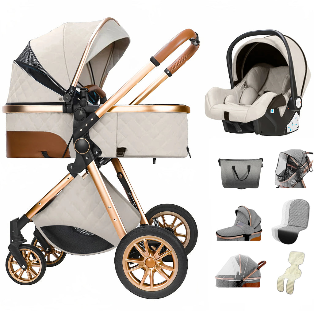 Luxurious Baby Stroller 3 in 1 Portable Travel Baby Carriage Folding Prams High Landscape Aluminum Frame Car for Newborn Baby
