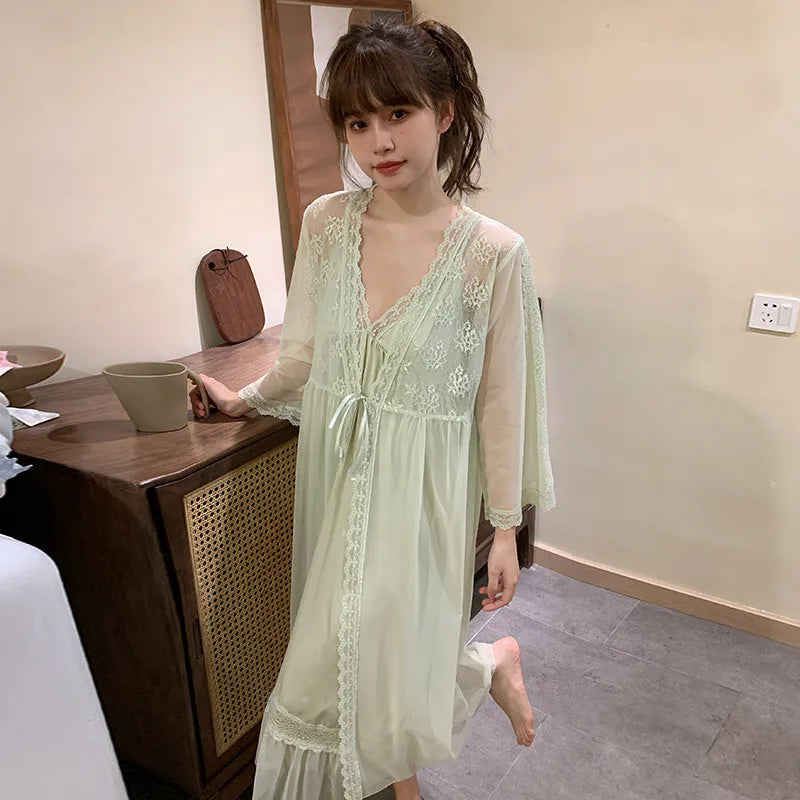 Female Nighty&Robe Set Perspective Temptation Nightgown Intimate Lingerie Spring Summer Silk Satin Sleepwear Loose Home Dress