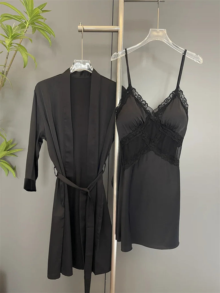 Sexy Female Nighty&Robe Set Lingerie Spring Summer Bathrobe Nightgown Two Piece Set Loose Silk Satin Home Dress Lounge Wear