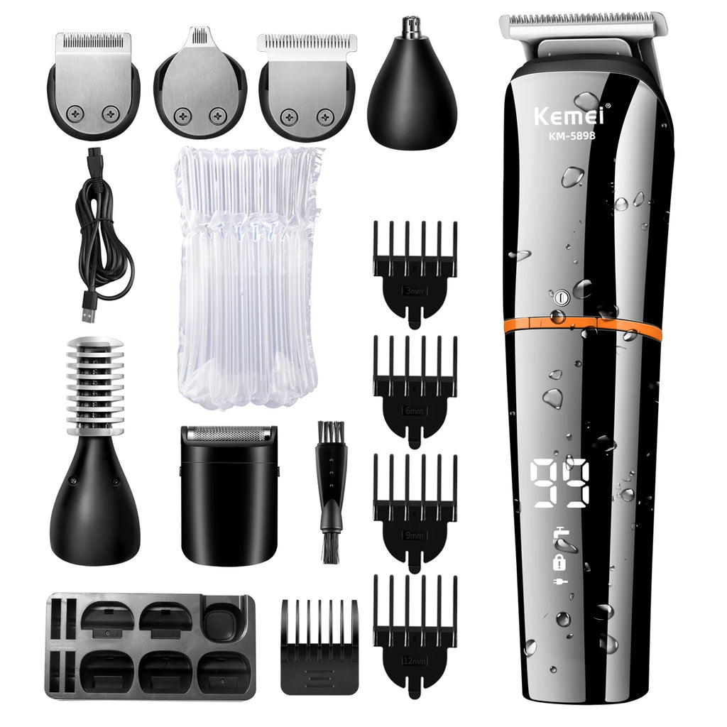 Kemei Waterproof 11 in 1 Men's Grooming Kit Electric Beard Trimmer Cordless Razor Hair Clippers Rechargeable Nose Trimmer