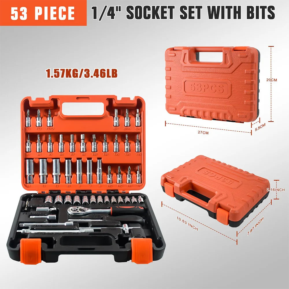 53Pcs Ratchet Wrench Tool Set with Sockets 1/4 inch Drive Bit Socket Set Grade Chrome Vanadium Mechanics Tool Auto Repair