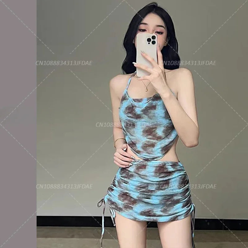 Sexy Women Floral Printed Bathing Suits with Beach Skirt Halter Bikinis Set Lady Push Up Swimsuit Swimwear Beachwear