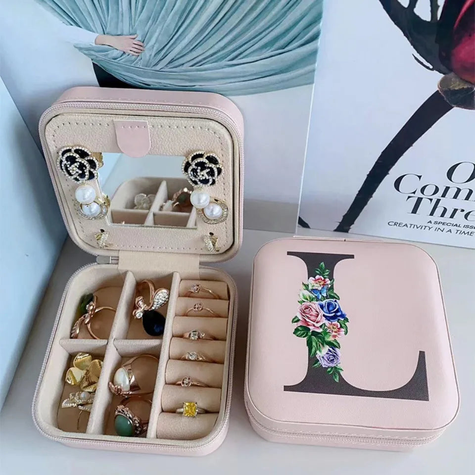 Flower&alphabet Jewelry Box Ring Boxes Travel Leather Jewellery Case Letter Print Bridesmaid Proposal Birthday Christmas Gift
