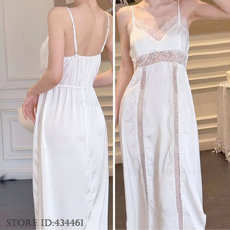 Women Long Twinset Robe Set Sexy Lace Trim Wedding Bathrobe Kimono Gown Sleepwear Elegant Ice Silk Nightgown Loungewear Homewear