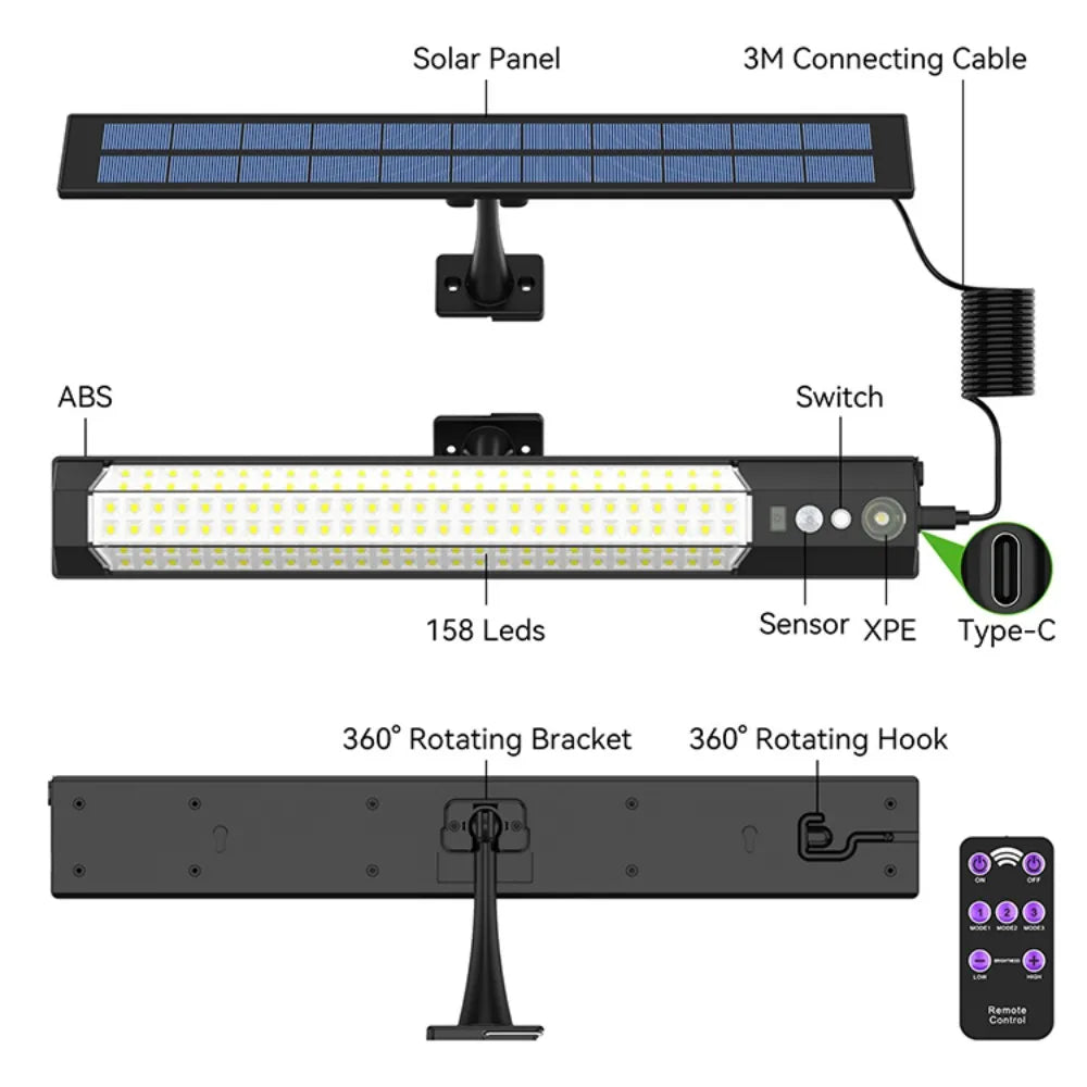 316/158 LED Solar Powered Light Wall Mount Lamp Rechargeable Motion Sensor Waterproof Security Lighting Yard Fence Shed Camping