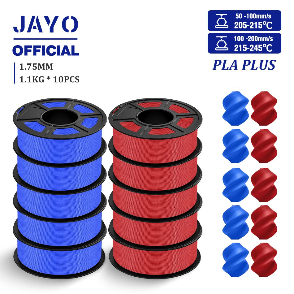 JAYO PLA + 3D Filament 1.75MM 10 Rolls PLA PLUS 3D Printer Filament Neatly Wound 3D Printing Filament 1.1kg Spool High Toughness