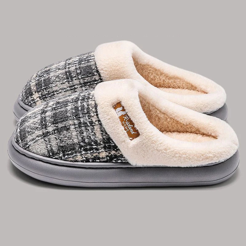 Winter Warm Slippers men for Women  grid House Non Slip Soft Shoes Comfort Flat Heel Home Indoor Bedroom Plush Slippers