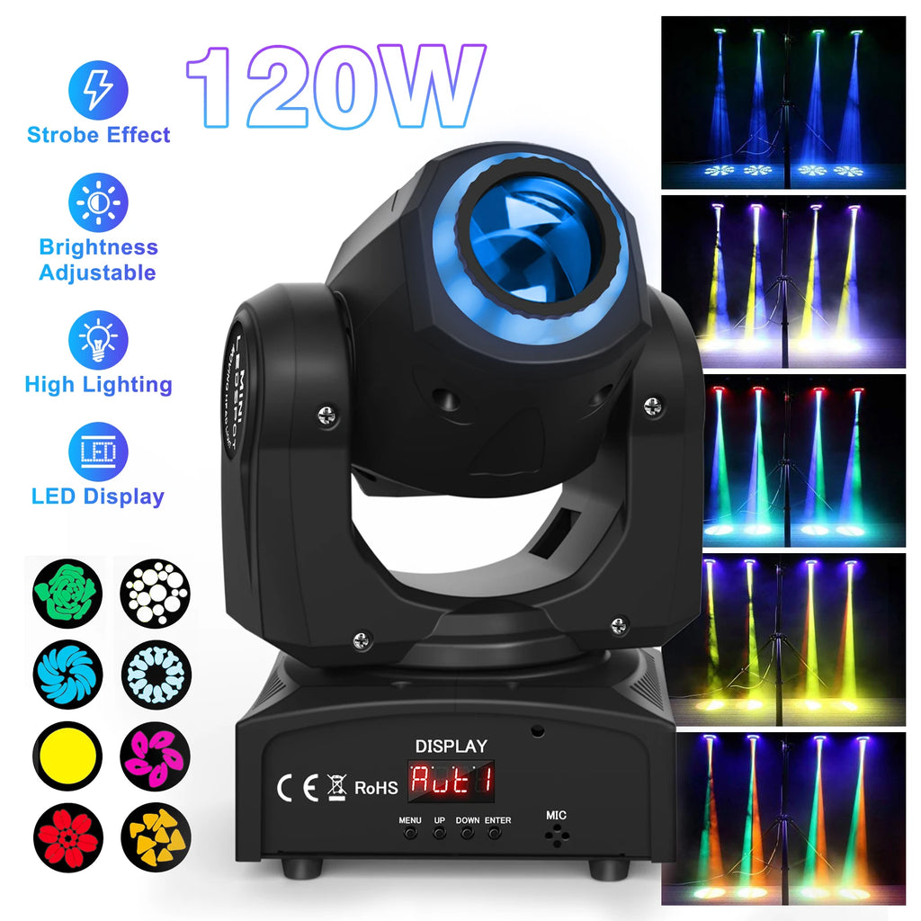 Fieryzeal 120W Beam Moving Head Light 8Patterns RGB Strobe Effect Lighting LED Spot Stage Light for DJ Disco Show Concert Party