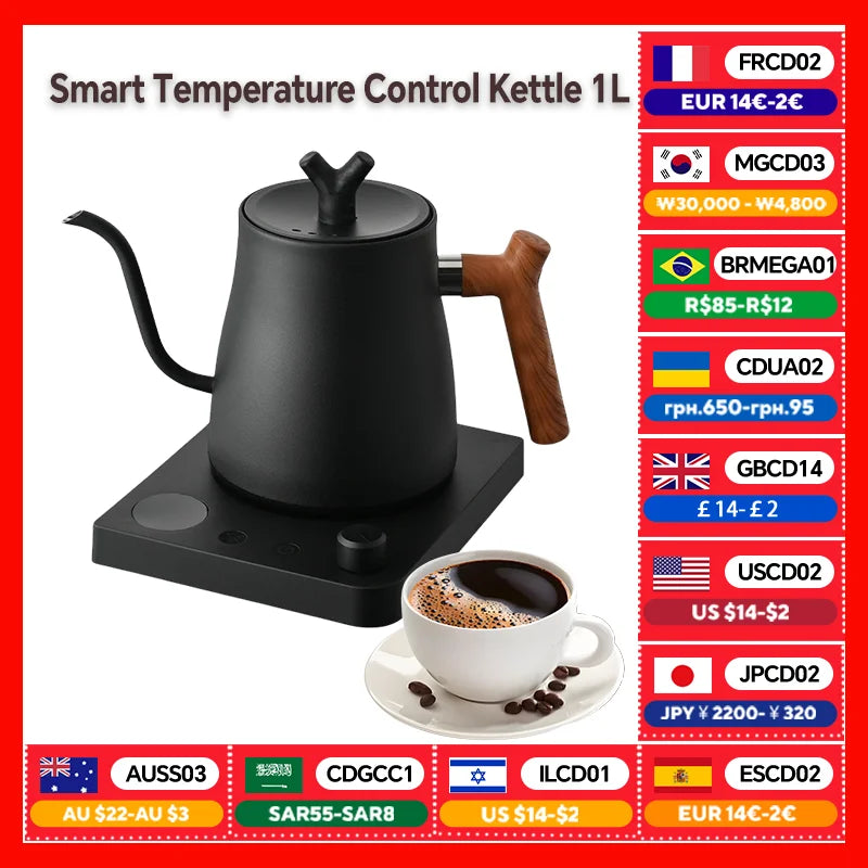 1000ML Smart Temperature Control Electric Kettle - Auto Shut-Off & Boil-Dry Protection - Stainless Steel Pour-Over Coffee &