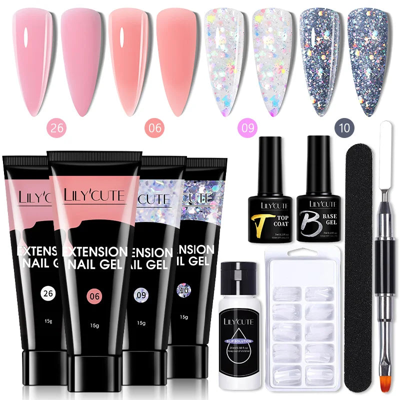 LILYCUTE 15ml Nail Extension Gel Kit Soak Off UV Gel Acrylic White Clear Pink Gel Nail Polish LED Lamp Manicure Set For Nail Art
