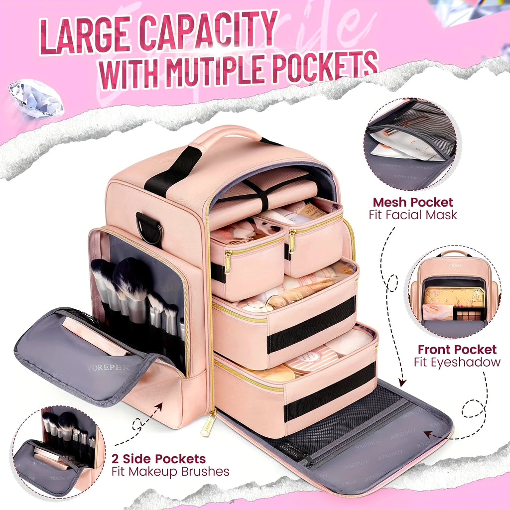 Large Travel Makeup Bag Organizer With 4 Removable Cases And 1 Jewelry Organizer Roll, Multiple Storage Pockets Cosmetic Bag
