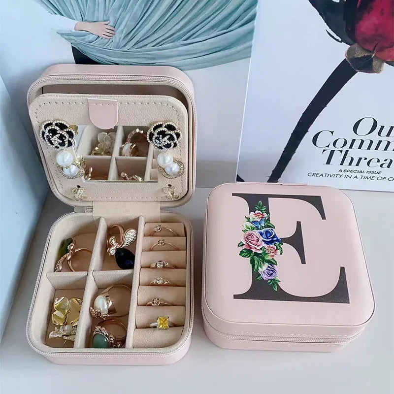 Flower&alphabet Jewelry Box Ring Boxes Travel Leather Jewellery Case Letter Print Bridesmaid Proposal Birthday Christmas Gift