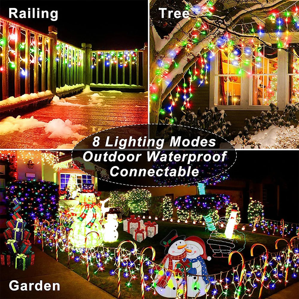 NEW 2024 Christmas Decorations Lights Solar Icicle Curtain Lights 8 Modes Outdoor Waterproof Garden Party New Year Decoration