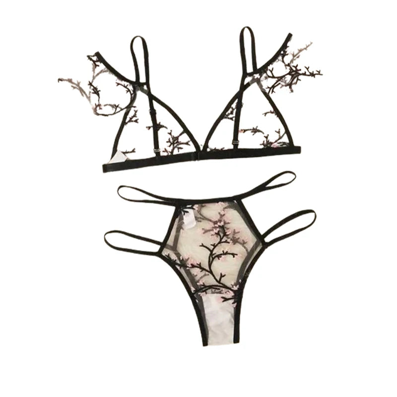 Sexy underwear women set Floral Embroidery Sheer Mesh Lingerie Set  no bra  Backless Bralette sexi Intimates lace bra set