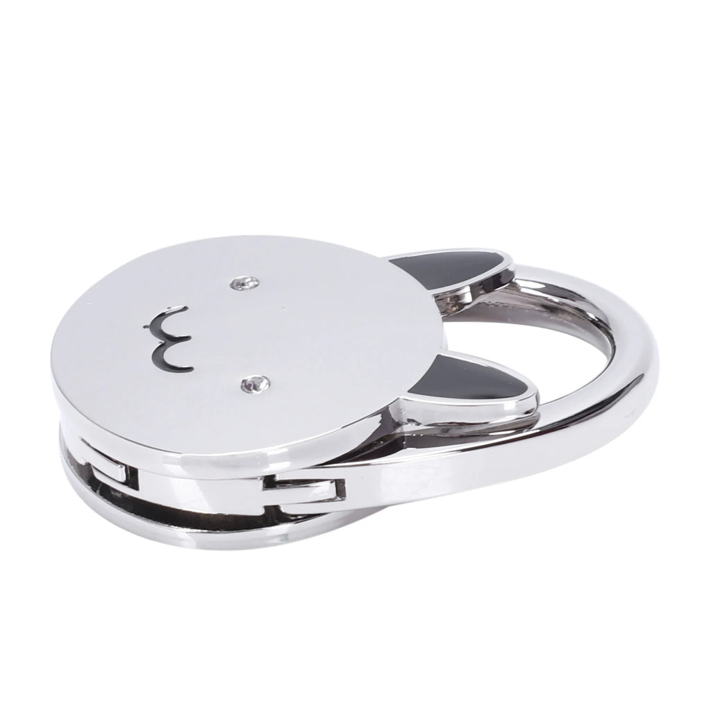 Black Cat Cartoon Foldable Silver Tone Handbag Hook Antislip Rubber Base