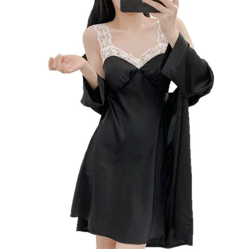 Sexy Female Nighty&Robe Set Intimate Lingerie Spring Summer Kimono Bathrobe Gown Sleepwear Two Piece Set Loose Satin Home Dress