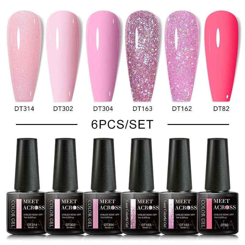 MEET ACROSS 6PCS/SET Macaron Series Gel Nail Polish Set Glitter Semi Permanent UV Nail Kit Base Matte Top Coat Nail Art Manicure