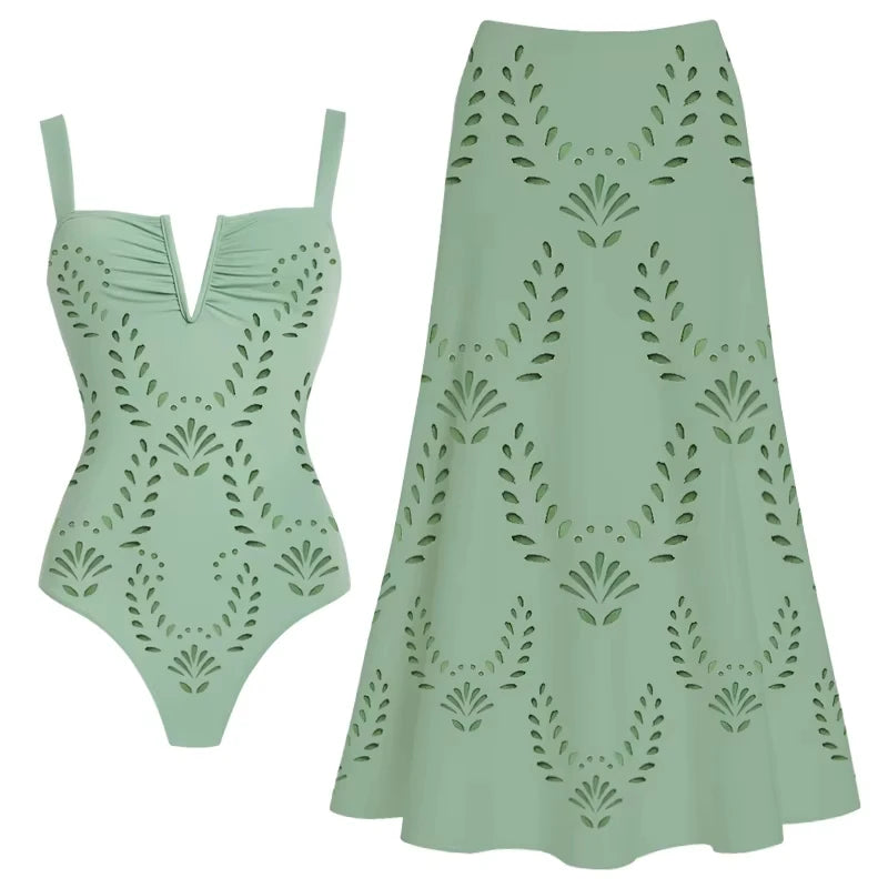 Women Bikini Set Swimsuit Sexy V Neck Solid Color Laser Cutting Flower Swimsuit Beachwear Luxury Summer Beachwear Dress