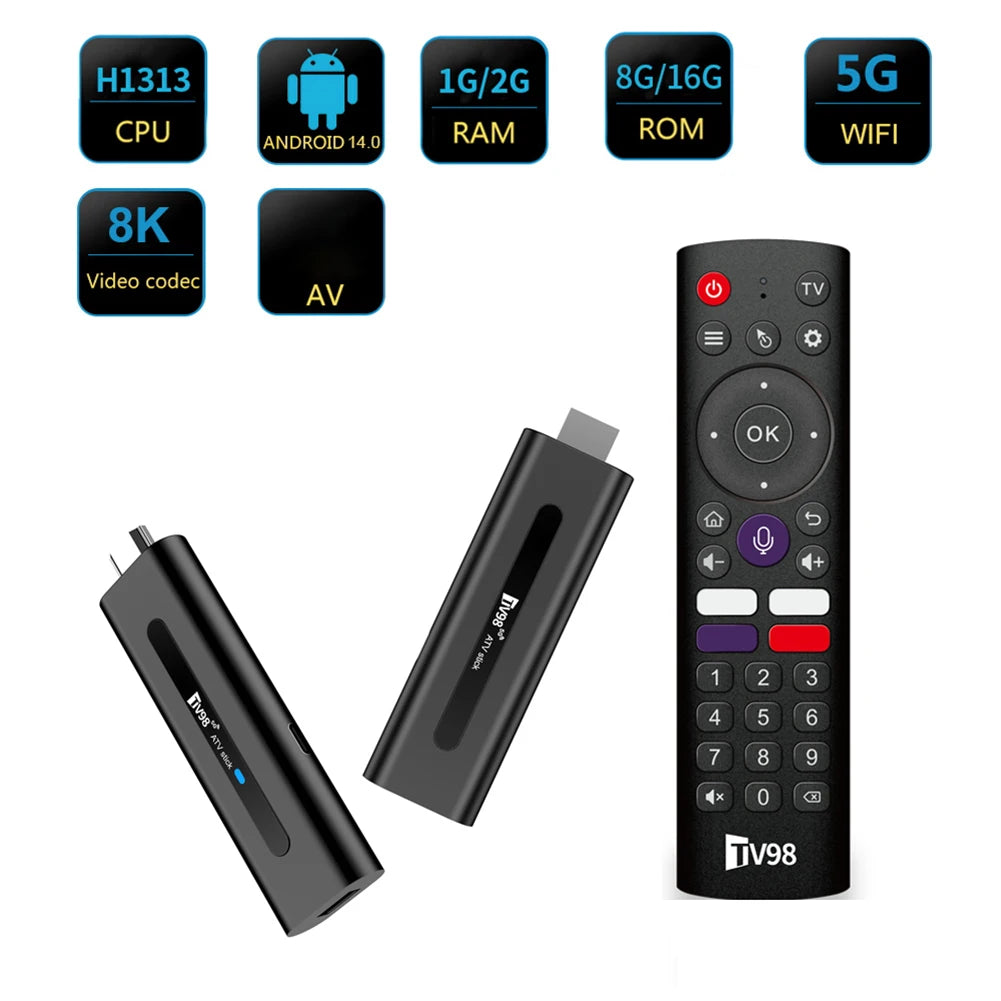 TV98 Android 14.0 TV Stick ATV Smart TV Box 8K 2.4G 5G WiFi Quad Core BT5.0 Android TV Stick 14.0 Smart TV Stick Allwinner H313