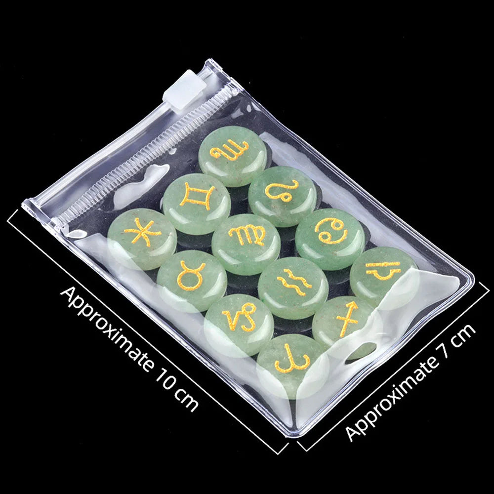 12pcs 18mm Round Zodiac Ornament Natural Stone Crystal Agate 12 Zodiac Sign Rune Reiki Stone Jewelry Accessories Christmas Gift