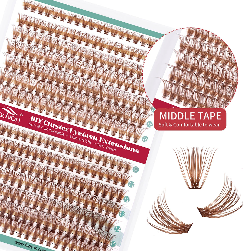 FADVAN Brown 14 Rows Diy Cluster Segmented Lash 9-16mm C/D Curl Upper Lower Fake Eyelash Professional Heat Bond Eyelashes