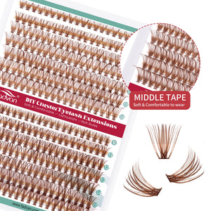 FADVAN Brown 14 Rows Diy Cluster Segmented Lash 9-16mm C/D Curl Upper Lower Fake Eyelash Professional Heat Bond Eyelashes