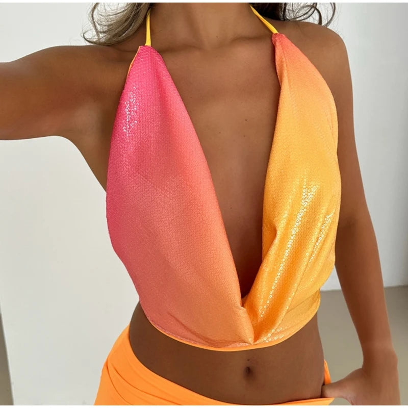 Sexy Sequined Halter Skirt Set Women Sleeveless Lace Up Tops Hip Package A-line Skirts 2025 Summer Lady Chic Party Beach Outfits