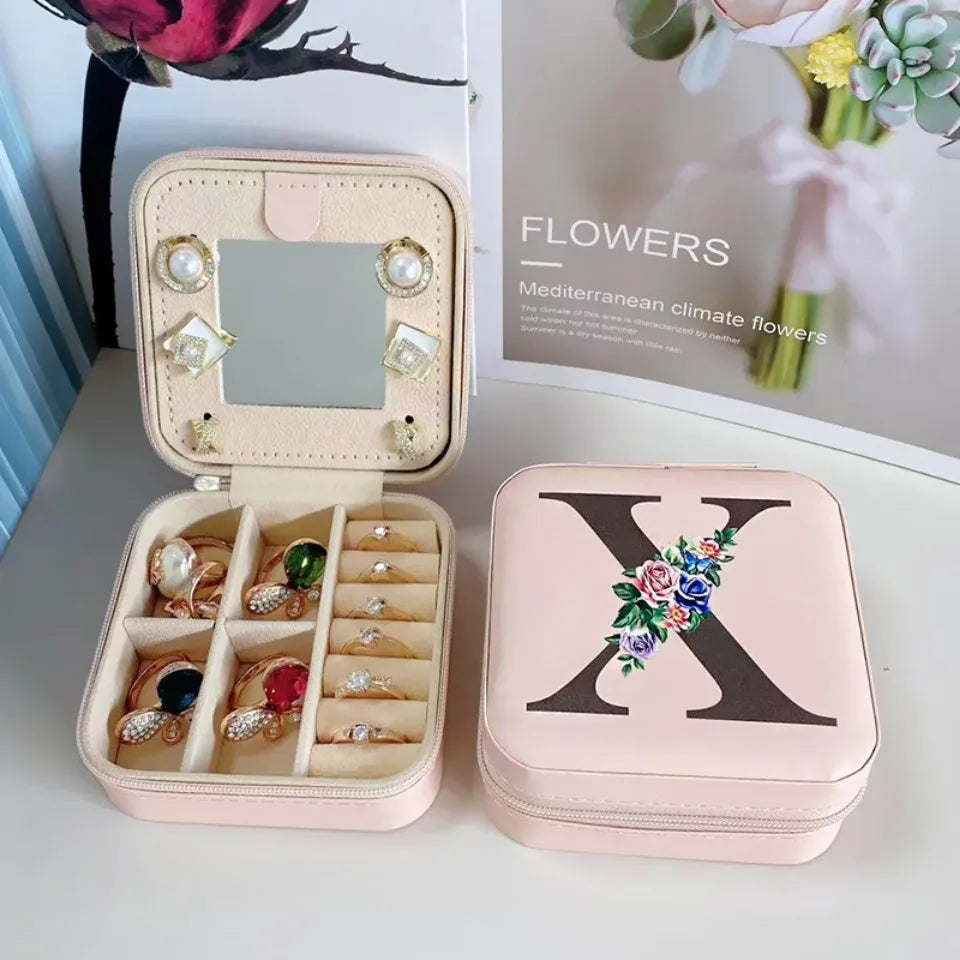 Flower&alphabet Jewelry Box Ring Boxes Travel Leather Jewellery Case Letter Print Bridesmaid Proposal Birthday Christmas Gift