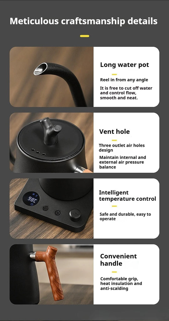 1000ML Smart Temperature Control Electric Kettle - Auto Shut-Off & Boil-Dry Protection - Stainless Steel Pour-Over Coffee &