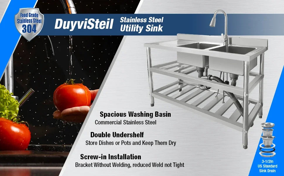 304 Stainless Steel Sink Commercial Restaurant Kitchen Sink with Drawable Hot & Cold Water Faucet