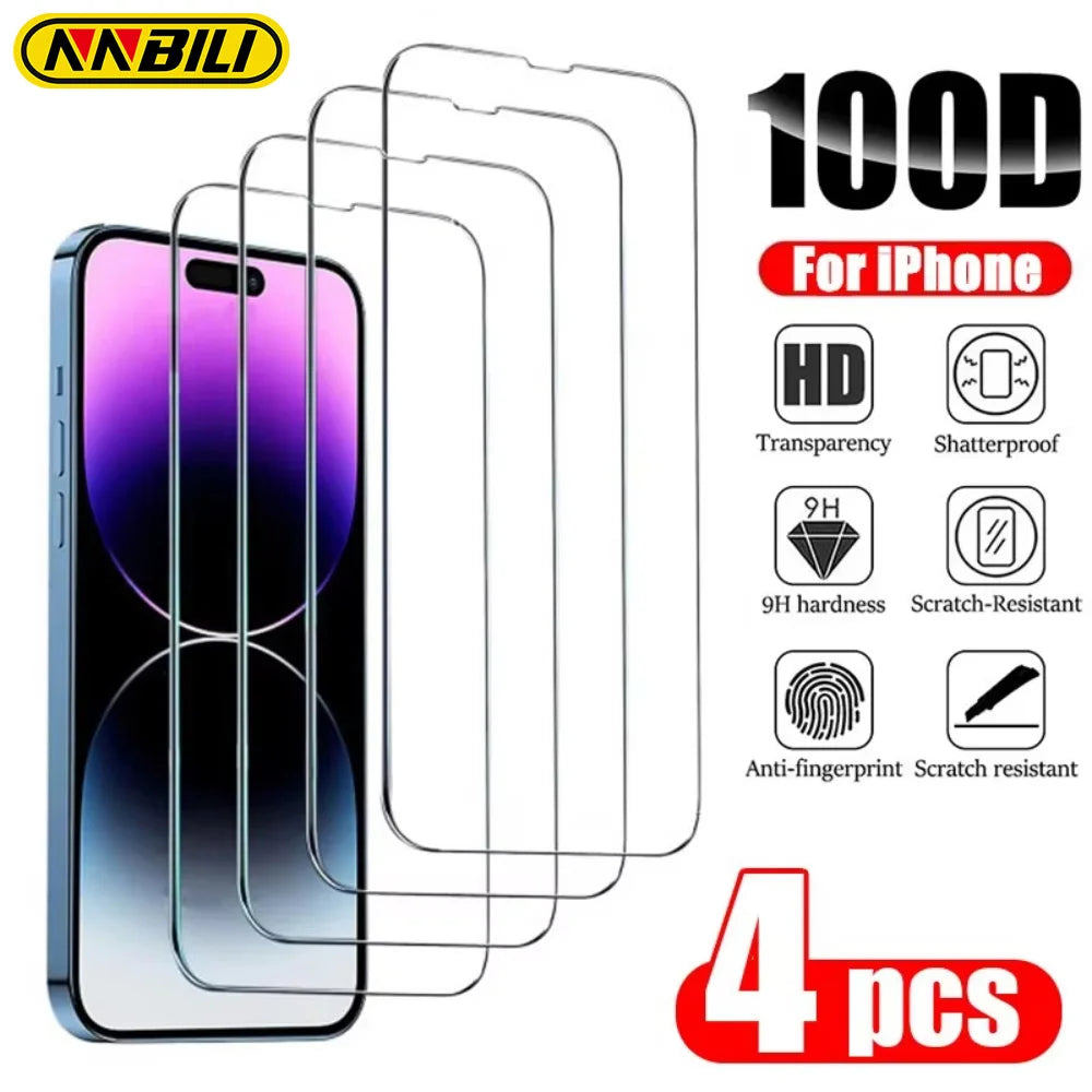 NNBILI 4PCS Tempered Glass Screen Protector For iPhone 13 16 15 12 11 Pro Max 14 15 16 Plus For 16e 12 13 Mini Toughened Glass