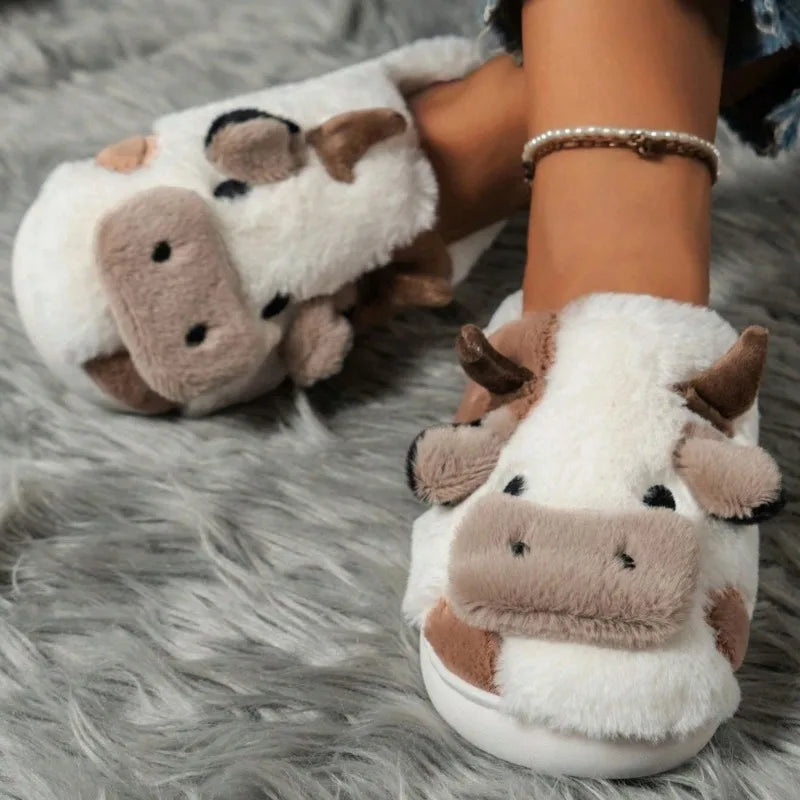 Winter Home Slippers for Couples Warm Plush Neutral Cartoon Cow Indoor Anti Slip Comfortable Cotton Slippers for Men and Women
