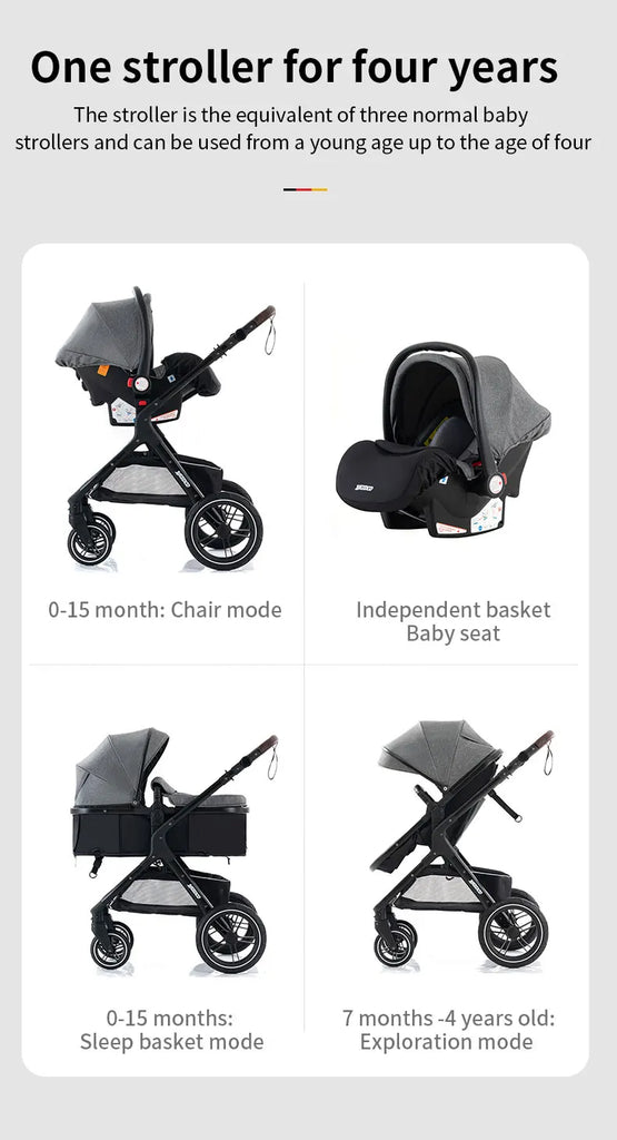 Luxury Baby Stroller 3 in1 Portable Travel Baby Carriage Fold Pram High Landscape Aluminum Frame Newborn Infant Stroller