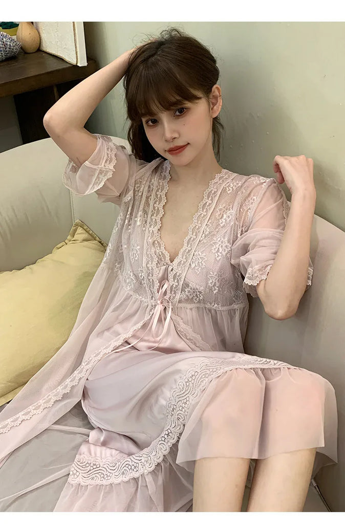 Female Nighty&Robe Set Perspective Temptation Nightgown Intimate Lingerie Spring Summer Silk Satin Sleepwear Loose Home Dress