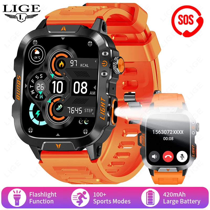 LIGE New Outdoor Military Smart Watch Men 420mAh LED Flashlight Heart Rate Sleep Health Monitoring Sport Fitness Smartwatch 2025