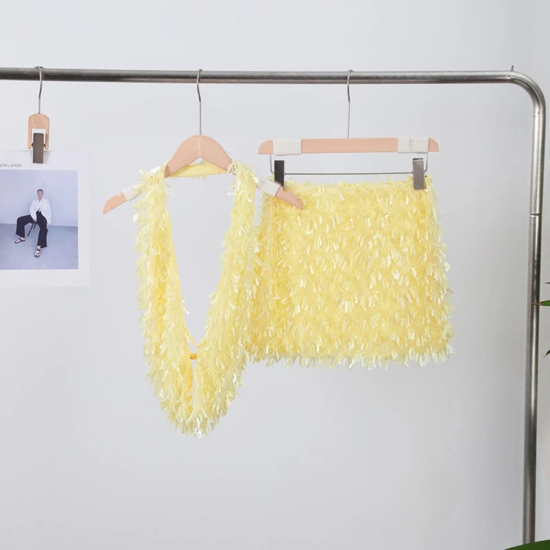 Sexy Sequined Halter Skirt Set Women Sleeveless Lace Up Tops Hip Package A-line Skirts 2025 Summer Lady Chic Party Beach Outfits