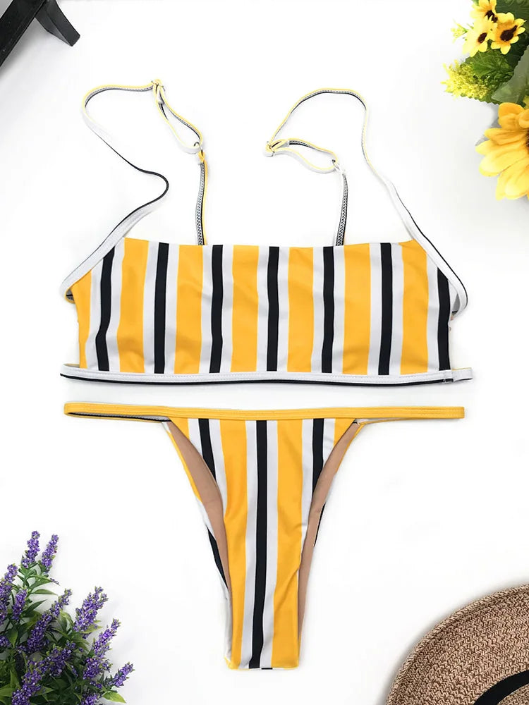 Sexy Stripe Print Swimsuit for Women Solid Tube Top Bathing Suit High Cut Bikini Set Backless Beachwear Brazilian Swimwear Summe