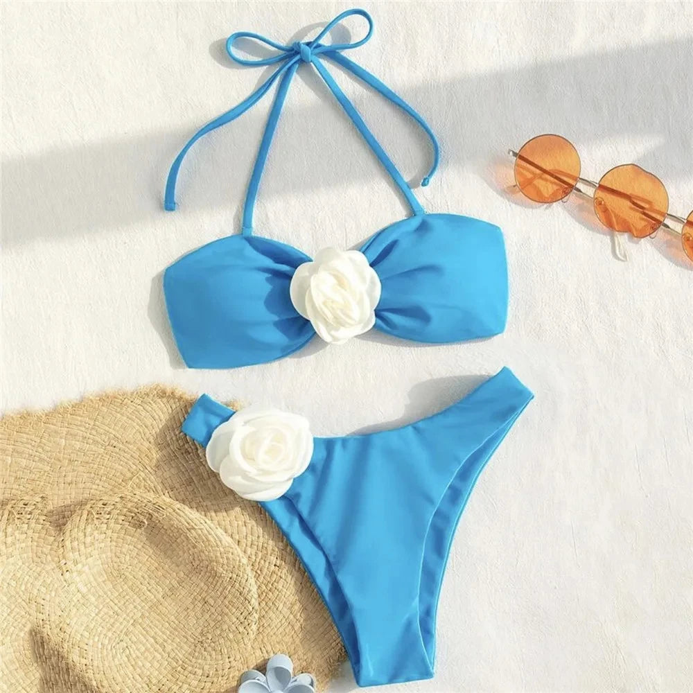 Sexy Flower Bandeau Swimwear Thong Bikini 2025 Women Lace-up Swimsuit Swimming Bathing Suit Brazilian Bikinis Sets Mujer Biquini