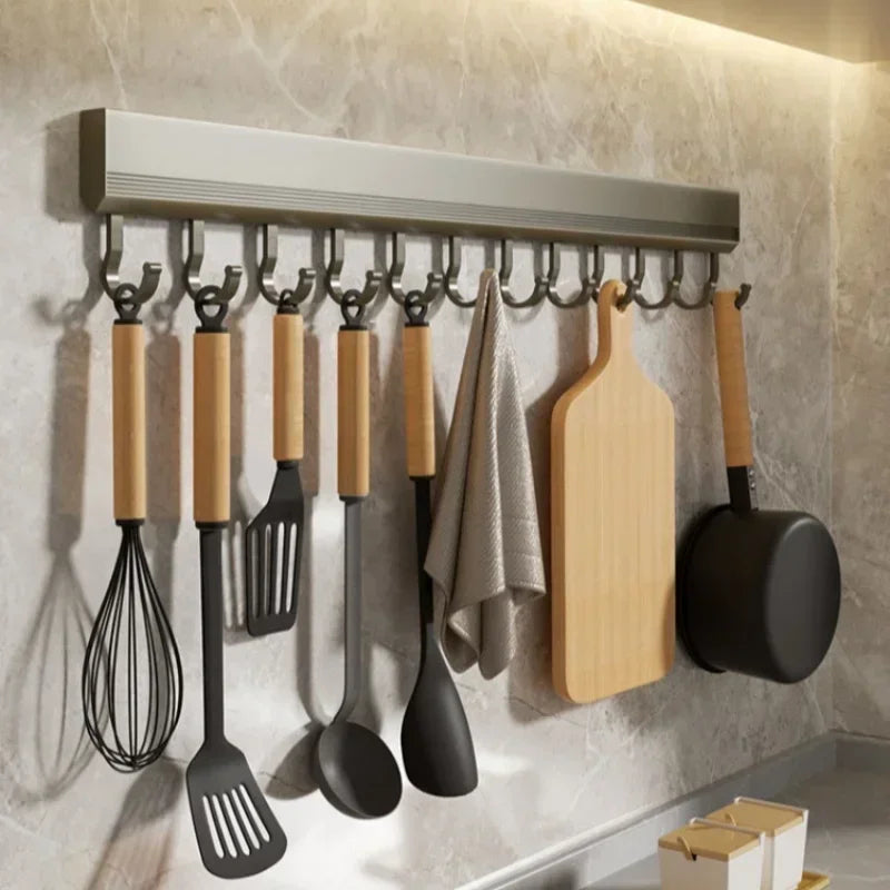 Kitchen Hook Wall Mounted Kitchen Storage Rack Storage Row Hook Holder No Punch Shelves with Movable Hook Kitchen Utensil