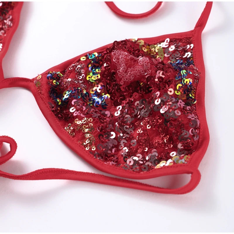 Sexy Sequin Bikini Skirt Sets Women Halter Backless Sleeveless Bikinis Lace Up Slim Mini Skirts Set 2025 Summer Lady Beach Suits