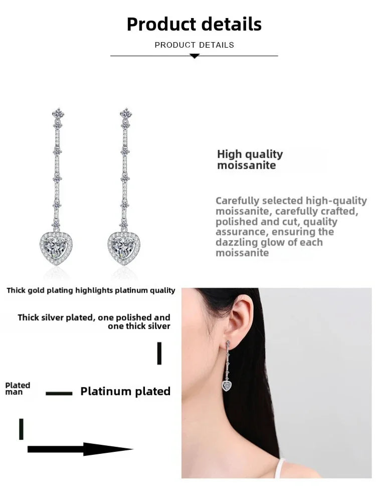 Hot sales Silver earrings jewelry 925 sterling silver charms earrings Long Fringed Love Bag Moissanite is suitable for daily wea