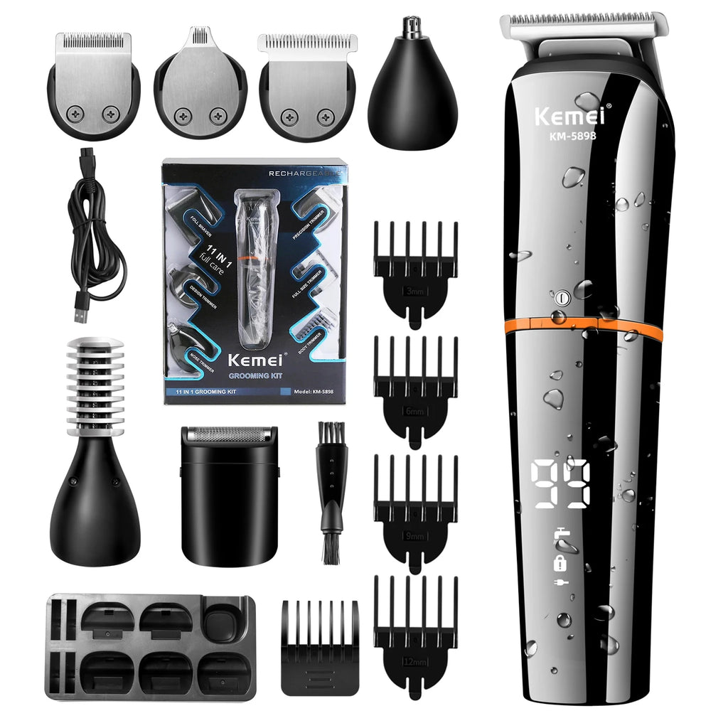 Kemei Waterproof 11 in 1 Men's Grooming Kit Electric Beard Trimmer Cordless Razor Hair Clippers Rechargeable Nose Trimmer