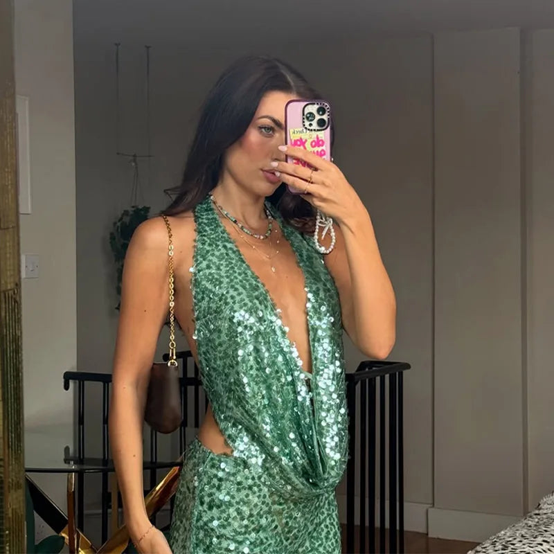 Sexy Sequined Halter Skirt Set Women Sleeveless Lace Up Tops Hip Package A-line Skirts 2025 Summer Lady Chic Party Beach Outfits