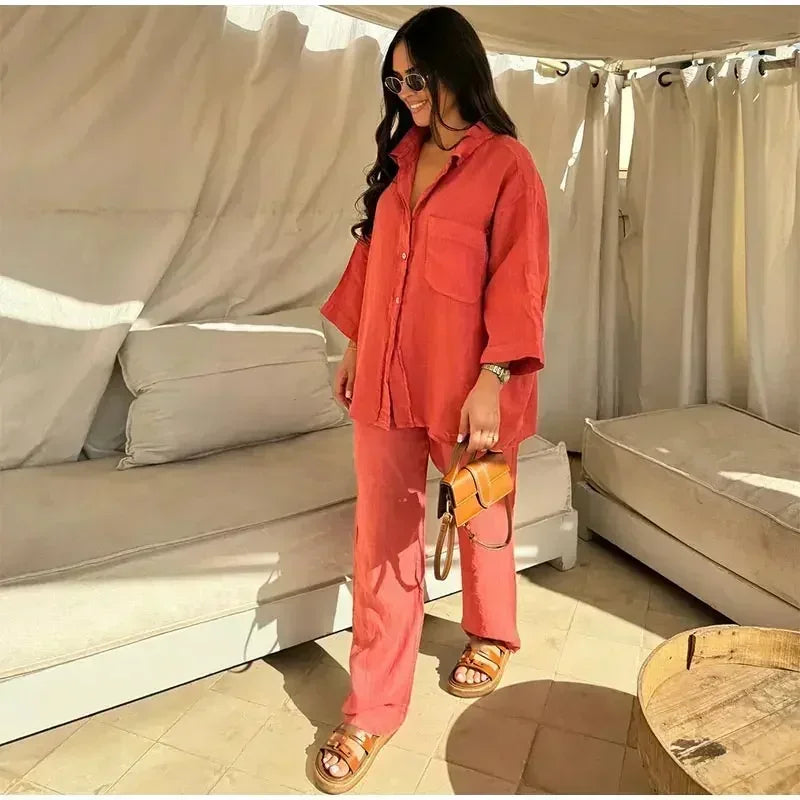 Women Vintage Solid Loose Pants Suit Lapel Single Breasted Long Sleeve Shirt Wide Leg Pants 2 Pcs Set 2025 New Ladies Streetwear